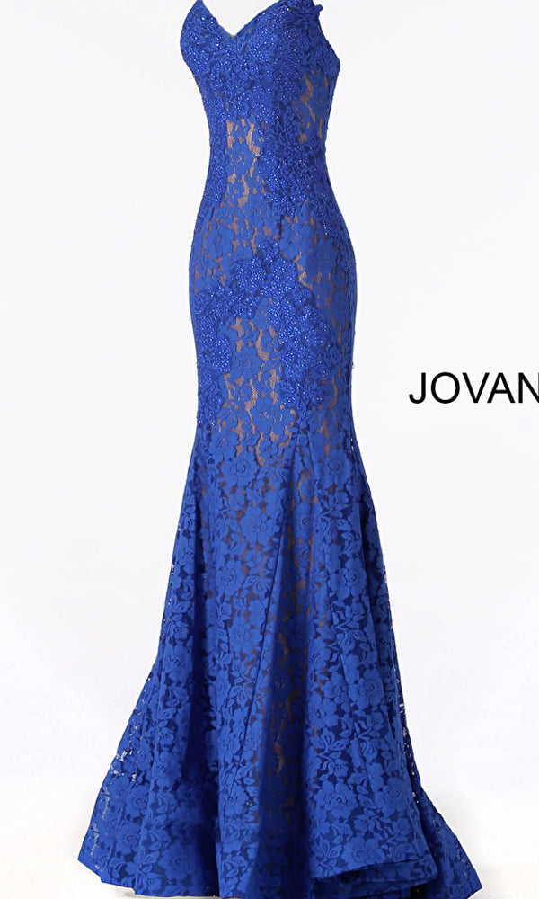 The Jovani Long Prom Dress 37334 is a royal blue strapless sweetheart gown with a fitted bodice, sheer floral lace overlay, and flared mermaid hem—perfect for making a statement at any special occasion.